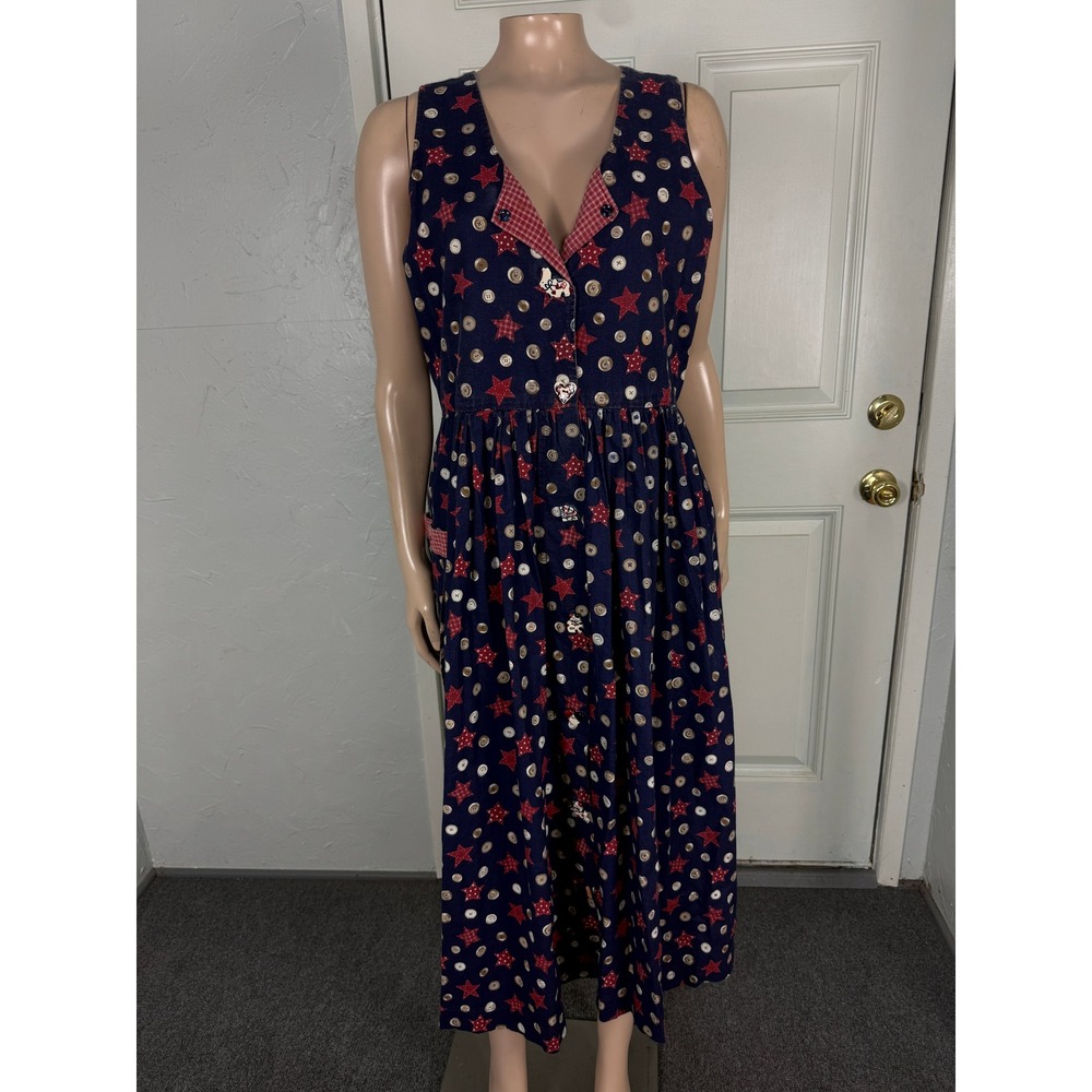 Vintage 90s Handmade Dress Midi Cottage Novelty Button 4th July Pockets KK13